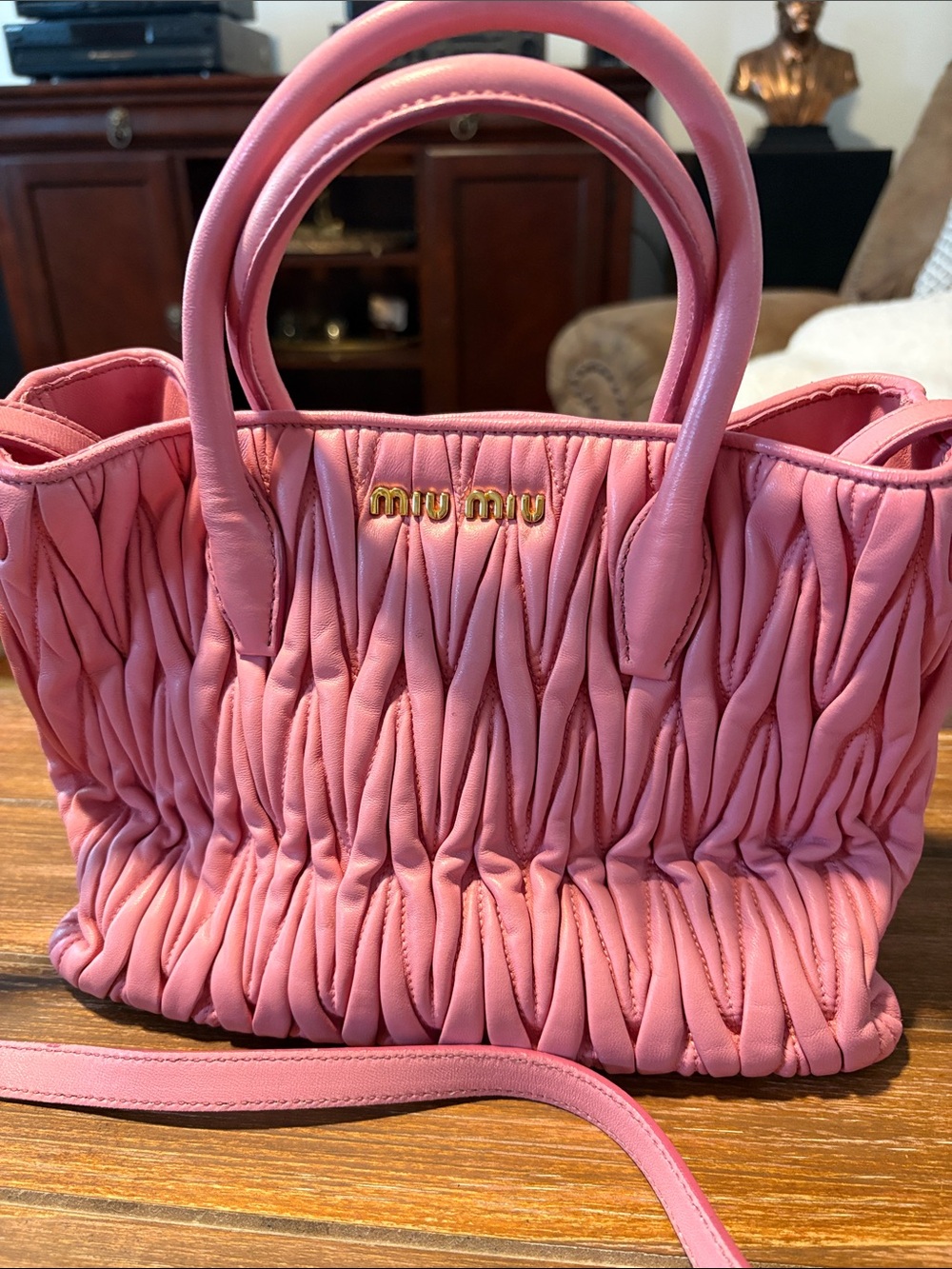 Miu Miu Pink Ruché Leather Tote with Gold Logo